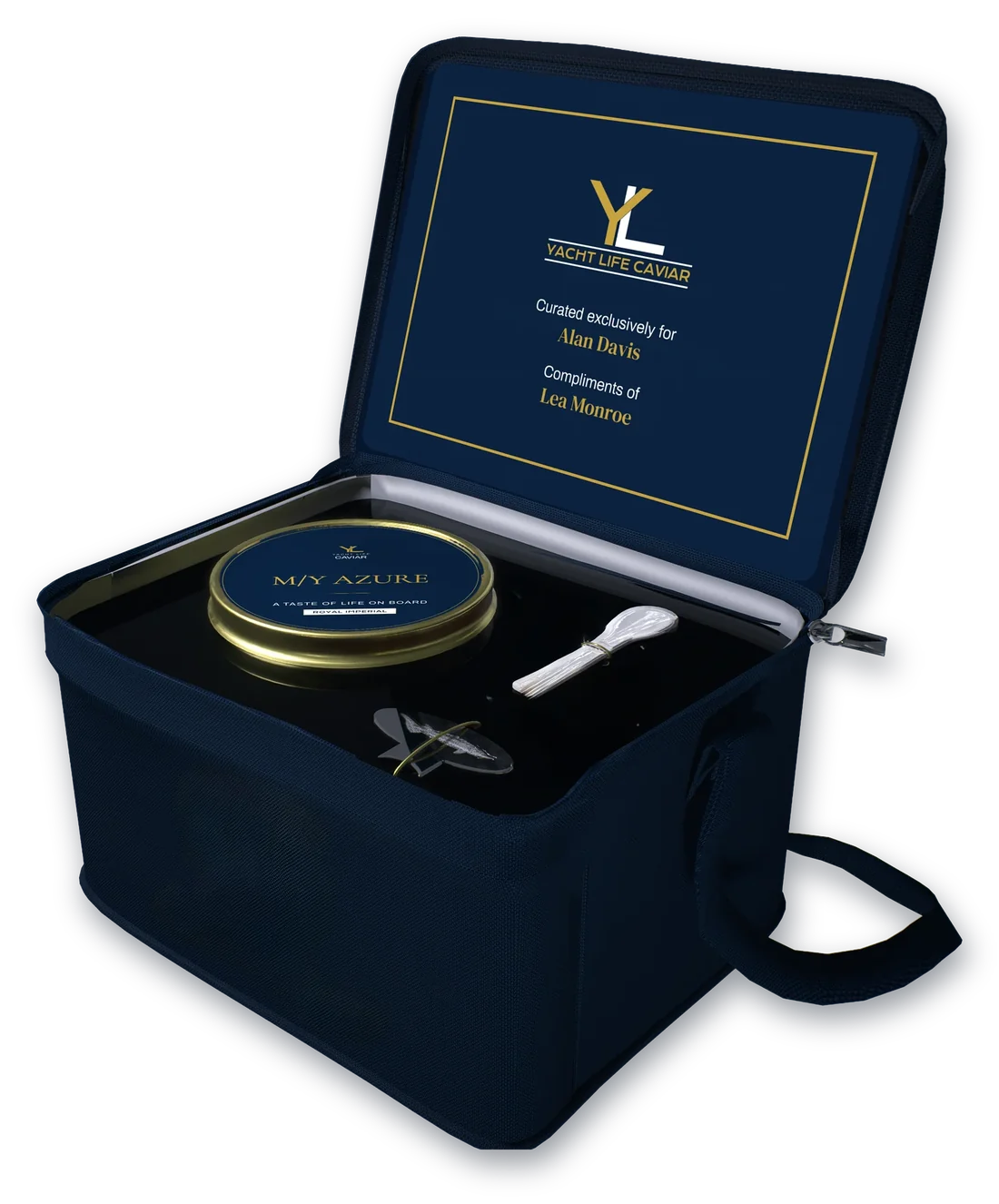 An open navy cooler holding a bespoke M/Y Azure tin. The card in the lid reads Curated exclusively for Alan Davis, Compliments of Lea Monroe.