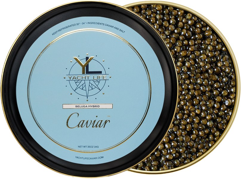 Beluga Hybrid caviar tin with Yacht Life Caviar label
