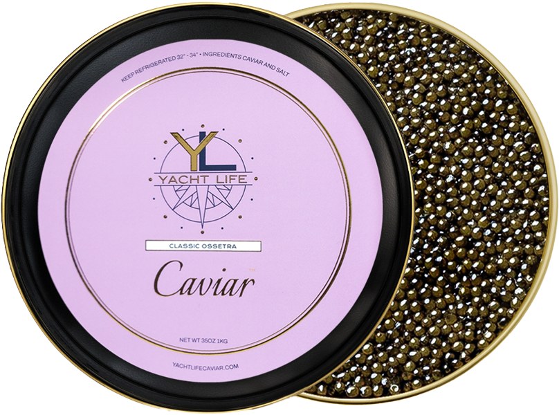 Classic Ossetra caviar tin with Yacht Life Caviar label