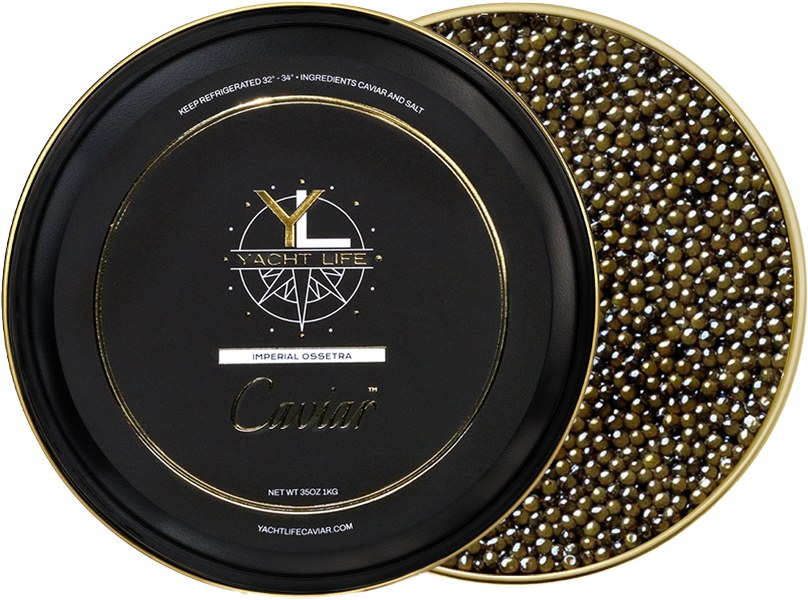 Imperial Ossetra caviar tin with Yacht Life Caviar label