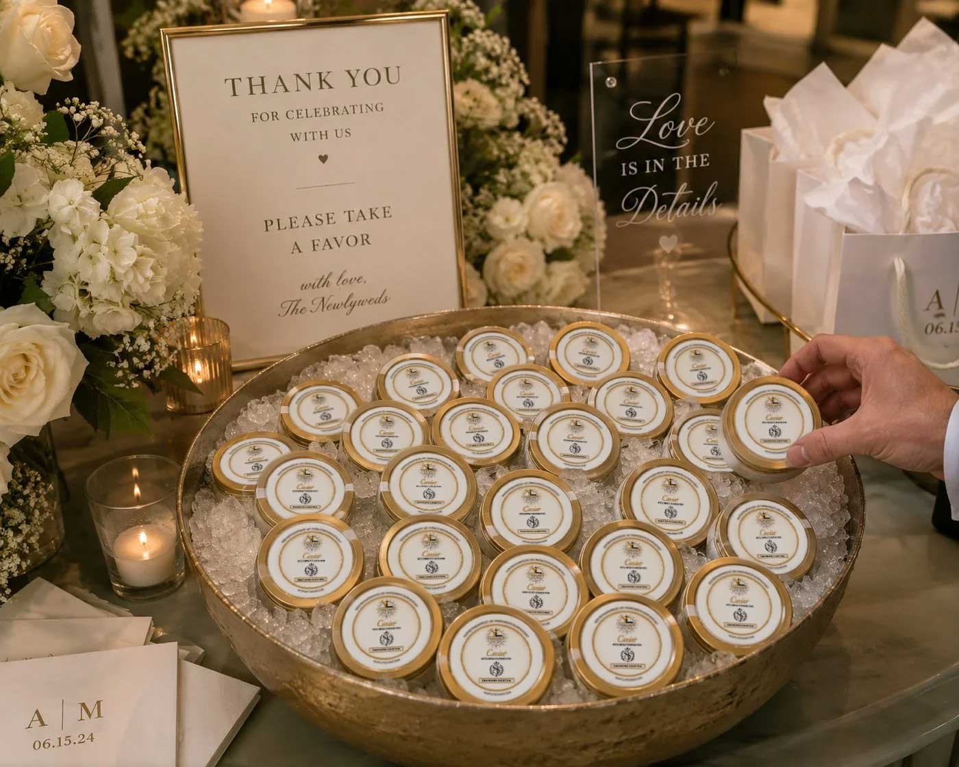 A guest taking a Yacht Life Caviar favor tin from a gold bowl of crushed ice at a wedding, the tins labelled with the couple's monogram, beside a sign reading 'Thank you for celebrating with us, please take a favor'
