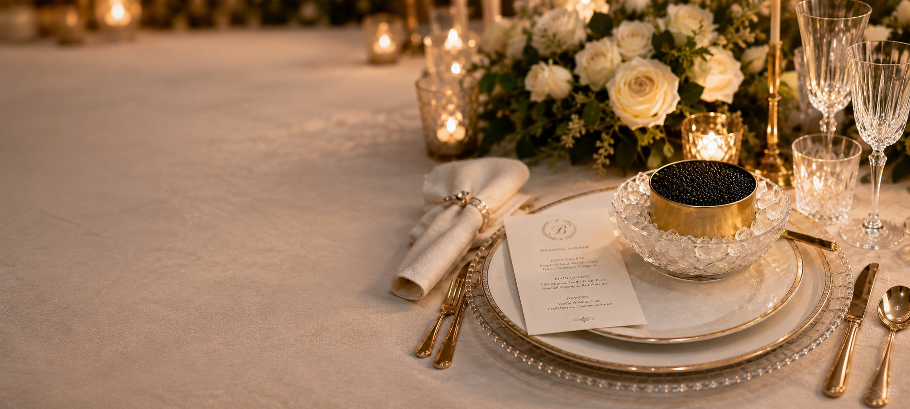 Wedding reception place setting with Yacht Life Caviar served in a gold tin on crystal ice, beside white roses and candlelight