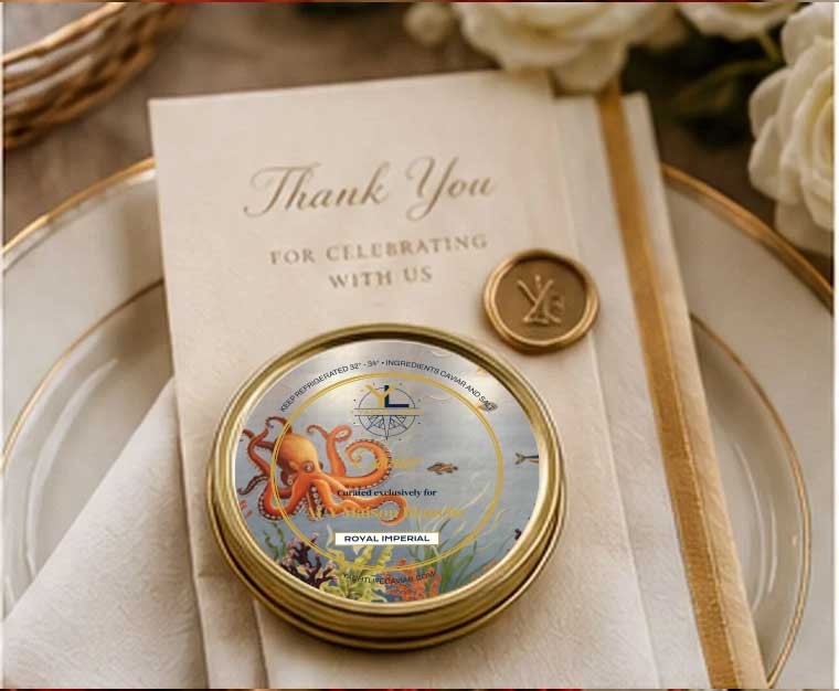 A Yacht Life Caviar tin labelled with a hand-illustrated underwater scene, Royal Imperial, resting on a thank-you card beside a gold wax seal