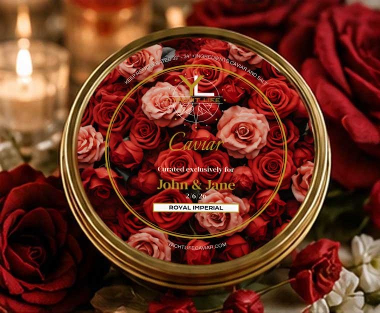 A Yacht Life Caviar tin labelled with red and blush roses, reading 'Curated exclusively for John and Jane', Royal Imperial, photographed among red roses and candlelight