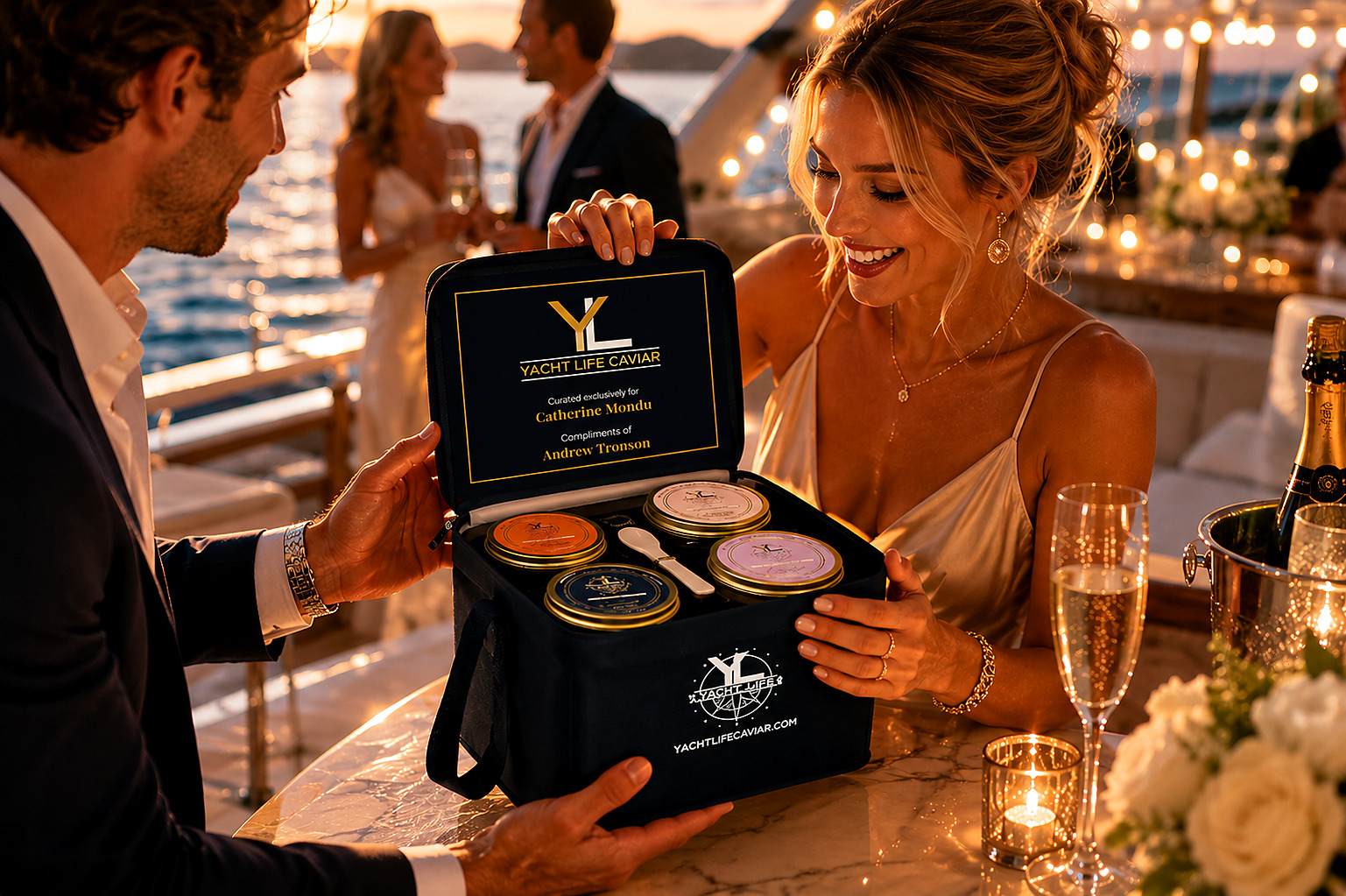 A guest receiving a personalized Yacht Life Caviar gift set aboard a yacht at sunset